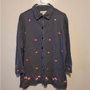 Bechamel‎ woman's Black and White Checkered Shirt with Pink Floral Accents